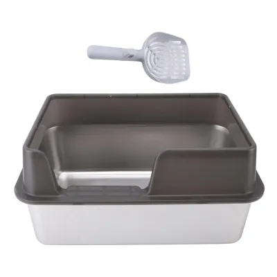 Produktbild von Edelstahl Katzentoilette, große offene Metalltoilette mit hohen Seiten, inkl. Schaufel, geruchlos und leicht zu reinigen, 50 x 35 x 29 cm (Schwarz)