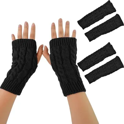 Produktbild von 2 Paar Halb Fingerlose Handschuhe, Damen Pulswärmer Winter Strickhandschuhe Warm Kurzer Halb Handstulpen Uni, schwarz, Einheitsgröße