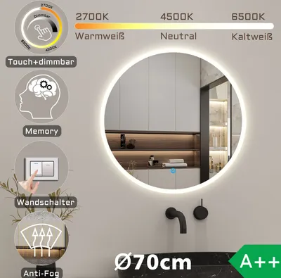 A round LED mirror with various features highlighted by text and icons, set against a neutral background, with a sink and faucet visible below.