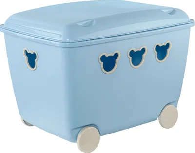 A light blue toy box with a lid and wheels, featuring cutouts shaped like bear faces on the front.