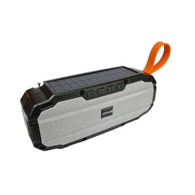 A solar-powered Bluetooth speaker with an orange carrying strap.