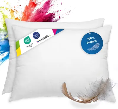 Produktbild von wometo 2 Stück / 2er Set Federkissen 100% Federn 40x60 - 600g OEKO-TEX Kissen / Füllkissen mit Bezug aus 100% Baumwolle weiß / Innenkissen / Kissenfüllung / kleine Sofakissen (viele Maße)