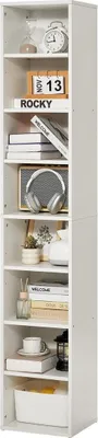 Produktbild von 8-stufiges schmales Bücherregal 71" Offenes Bücherregal aus Holz Verstellbare Regalböden Weiß