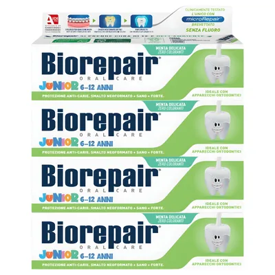 Immagine prodotto di Biorepair Junior Dentifricio per bambini – 6–12 anni – senza fluoro – Protezione dello smalto – 4x75 ml