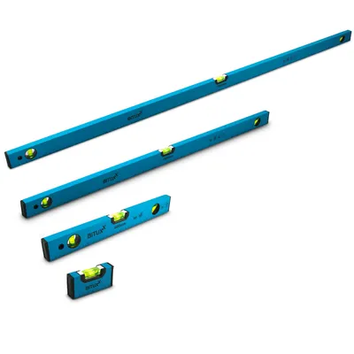 A set of four blue spirit levels of varying lengths arranged diagonally on a white background.