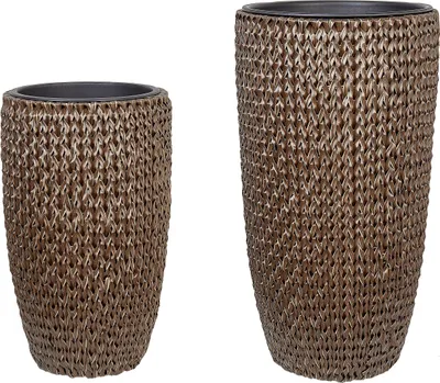 Produktbild von BELIANI Blumentopf 2er Set Braun Rattan mit Innentopf Rund Bauchig Geflochten Verschiedene Größen 66 cm und 85 cm Hoch Modern Outdoor & Indoor