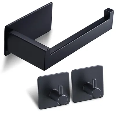 Image de Porte-papier hygiénique sans perçage, noir, porte-papier hygiénique autocollant et 2 crochets pour serviettes, porte-papier hygiénique autocollant, acier inoxydable brossé