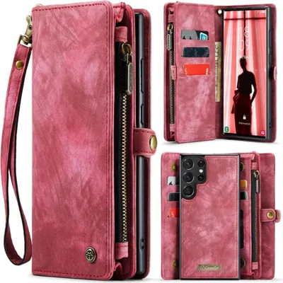 Collage of a red leather wallet phone case for a Samsung A34 5G, showing different angles and features.