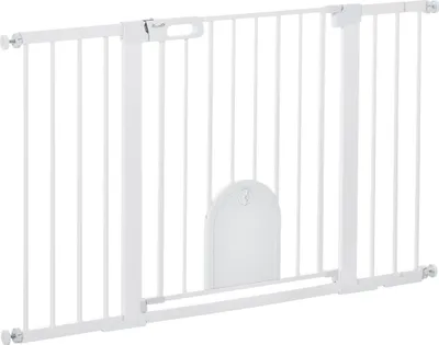 A white metal and ABS safety gate with a clamp mounting system.