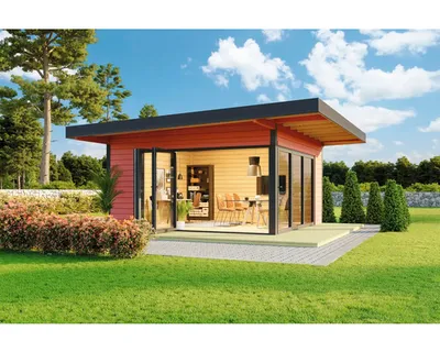 Produktbild von Lasita Maja Gartenhaus / Ferienhaus Domeo 9 Schwedenrot/Anthrazit, Farbe:schwedenrot, Dachform:Pultdach