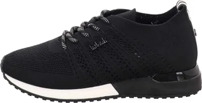 A side view of a black La Strada sneaker.