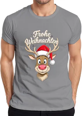 Produktbild von Frohe Weihnachten Rentier Niedlich Cartoon Weihnachtsmütze Lustig Herren T-Shirt, Grau, XL