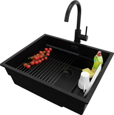Produktbild von PRIMAGRAN Unterbauspüle Granit Alles Schwarz 56x47cm, Spülbecken 1 Becken + Ablauf-Set + Küchenzubehörset, Granitspüle ab 60er Unterschrank - Praga