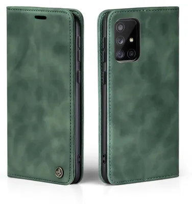 A green flip case for a Samsung Galaxy A71 phone, shown from the front and back.