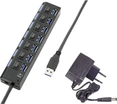 Produktbild von Renkforce 7 Port USB 3.2 Gen 1-Hub (USB 3.0) einzeln schaltbar, mit Status-LEDs, mit iPad-Ladeport Schwarz
