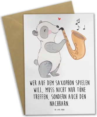 Produktbild von Mr. & Mrs. Panda Glückwunschkarte Saxophon Spieler - Weiß - Geschenk, Grußkarte, Holzblasinstrument, hochzeitskarten, Blasinstrument, Instrument, glückwunschkarten, Musik