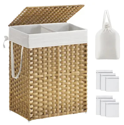 Productafbeelding van SONGMICS wasmand met deksel, 90 liter, 2 compartimenten, met de hand gevlochten