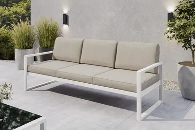 Produktbild von Margaret Hadas24 Gartensofa 3 Sitzer Outdoor Madera Lounge Couch Terrasse wetterfest Balkonmöbel Sitzbank mit Lehne, Gartenmöbel weiß, ecru