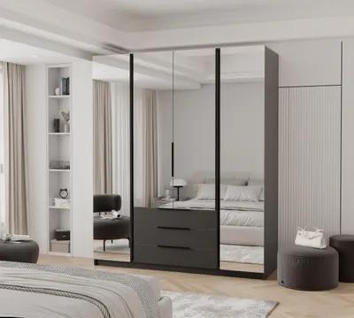 Produktbild von IDOHOME-Viertüriger Drehtürenschrank VERONA mit Spiegel und Schubladen Moderner stilvoller Loft-Kleiderschrank schwarze