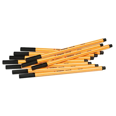 A pile of orange fineliner pens with black caps.