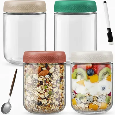 Produktbild von Overnight-Haferflockenbehälter Set - 4er Glas mit Deckel, 500 ml - Maßgeschneiderte Meal Prep Gläser