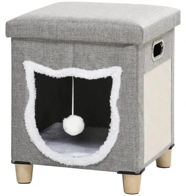 Zdjęcie produktu dla Legowisko dla kota z drapakiem i poduszką | Kolor: kremowy, szary | Wymiary: 35,5 x 35,5 x 42,5 cm