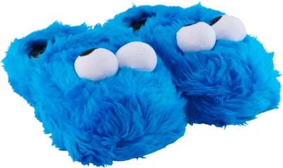 A pair of blue, fuzzy slippers designed to look like the Cookie Monster character from Sesame Street.