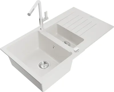 Produktbild von Mexen Matias 1,5-Becken-Granitspüle mit Abtropffläche und Mischbatterie Flora, Weiß - 6502-20-670401-02