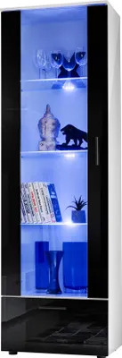 Produktbild von Komodee, Vitrine Schrank Alessandria, Weiß/Schwarz, Breite 60cm x Höhe 192cm x Tiefe 42cm, 3 Glasböden, 1 Regal aus laminierter Platte, für Wohnzimmer, Schlafzimmer, LED Blau