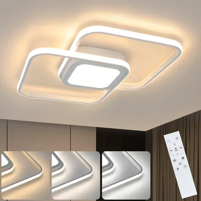 A modern, white LED ceiling light with a unique geometric design, mounted on a ceiling. The image also shows three smaller inset images demonstrating different light color temperatures and a remote control.