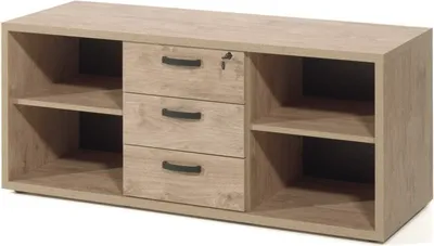 Image de Armoire de bureau basse avec 4 étagères et 3 tiroirs en chêne doré, collection DEPÉ