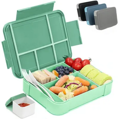 Immagine prodotto di Contenitore per alimenti per bambini con 6 scomparti, capacità 1330 ml, contenitore per il pranzo a prova di perdite, con set di posate, colore verde scuro