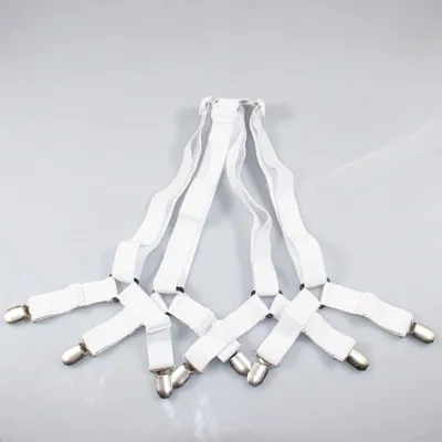 Produktbild von Bettlakenhalter — 12-teiliges Set verstellbarer Spannbänder (mit Metallclips) — Weiße elastische Halterungen für Bettlaken, Matratzen, Bügelbretter oder Sofas
