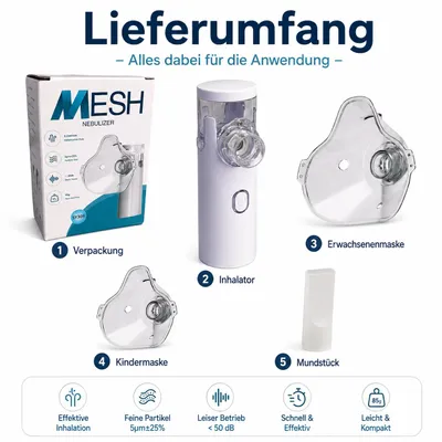 Produktbild von Tragbarer Mesh Inhalator – leise Vernebelung ≤30 dB, ideal für Kinder & Erwachsene, Asthma, Husten & Erkältung, Mini Vernebler für Zuhause & unterwegs, KI-generiertes Bild