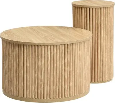 Produktbild von 60x60x38.5+30x30x56cm Multifunktionaler Couchtisch Doppelter Runder Tisch Beistelltisch Naturholzlatten MDF