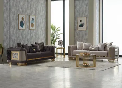 Produktbild von Komplette Couchgarnitur Polstersofa Dreisitzer Stoffsofa Violett Beige 3+3
