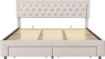 Obrázek produktu pro Čalouněná postel Fortuna Lai 180x200 cm, postel s hydraulickou pružinou, zásuvkou a lamelovým roštem, samet, béžová barva