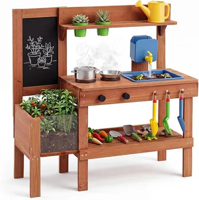 Immagine prodotto di Cucina da esterno per bambini, cucina giocattolo con serbatoio dell'acqua e rubinetto | Cucina giocattolo per bambini con lavello, fioriera e lavagna, giocattoli da giardino e accessori per la cucina, cucina da gioco per bambini dai 3 anni in su
