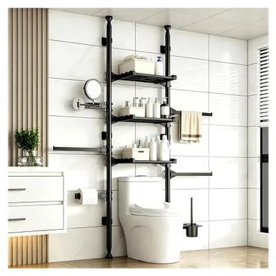 Produktbild von Toilettenregal mit 3 Ablagen, höhenverstellbar von 261 bis 295 cm, platzsparendes Regal für das Badezimmer, schwarz