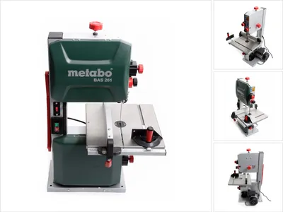 A Metabo BAS 261 Precision Elektro-Bandsäge is shown in a studio setting with a white background. The image is a collage of the main product and three smaller images of the same product from different angles.