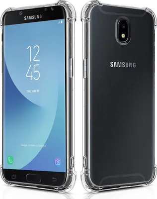 A clear protective case for a Samsung Galaxy J3 2017 smartphone is shown from the front and back.