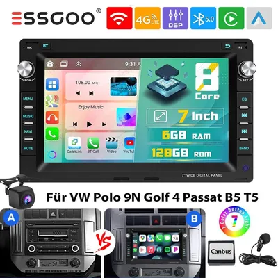 Obrázok produktu pre Android autorádio s 7-palcovým dotykovým displejom, určené pre modely VW Polo 9N, Golf 4, Passat B5, T5, s GPS navigáciou, podporou CarPlay a Android Auto, formát 2 DIN, 6 GB RAM a 128 GB úložného priestoru