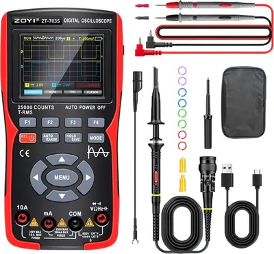Produktbild von ZOYI 703S 3-in-1 2-kanal Hand Oszilloskop mit 50 MHz Bandbreite, Multimeter-Generator, 280 MSa/s, 25000 Counts, digitales Multimeter, Upgrade