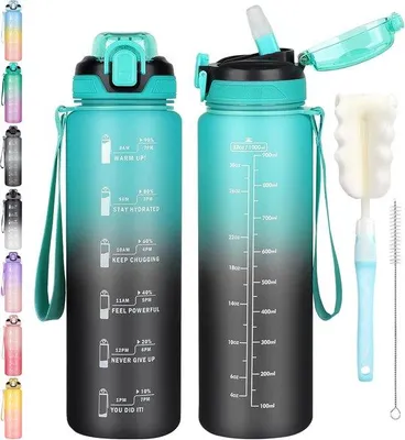 Produktbild von Famanu Wasserflasche 1 l mit Strohhalm - Spülmaschinenfest, Leckfrei, Grün Schwarz