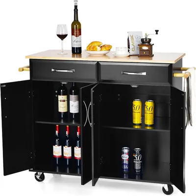Immagine prodotto di KOMFOTTEU Carrello da cucina a isola con piano di lavoro, carrello di servizio in legno con ruote bloccabili, carrello da cucina (nero)
