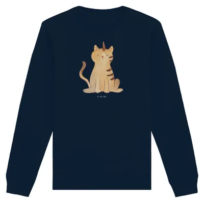 Produktbild von Mr. & Mrs. Panda Bio Baumwoll Pullover Einhorn Katze Größe M - French Navy - Geschenk, Glitzer, Pulli, Sweater, Sweatshirt, Mieze, Unicorn, Regenbogen