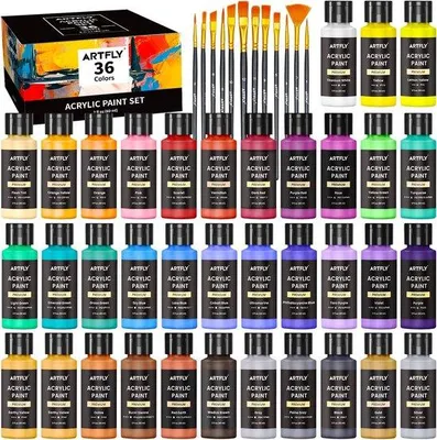 Zdjęcie produktu dla Zestaw do malowania farbami akrylowymi – 36 kolorów – bez substancji toksycznych – z 12 pędzlami – 60 ml