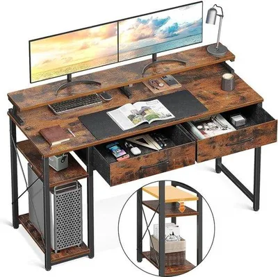 Image de Bureau Unyqoos® pour télétravail, dimensions 120 x 50 x 87 cm – Bureau avec 2 tiroirs, support pour écran de 9,9 cm, 2 étagères, finition marron rustique, structure en métal et plateau en bois