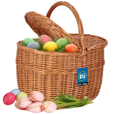 Produktbild von KOTARBAU® Einkaufskorb - Aufbewahrungskorb - Korb Geflochten - 29 x 41 cm - Pilzkorb – Korb für Obst – Picknickkorb – Naturfarbe - mit Deckel - Weidenkorb mit Henkel