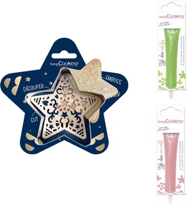 Produktbild von Stern-Relief-Keksset + 2 pastellgrüne und rosa Schokoladenstifte